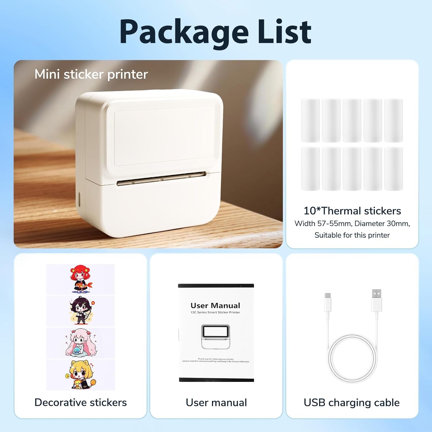 Mini Sticker Printer with 10 Rolls Sticker, Small Thermal Sticker Printer, No Ink Needed, Bluetooth Label Sticker Maker for Iphone, DIY, Photos, Study Notes, Journal, Gift (White)