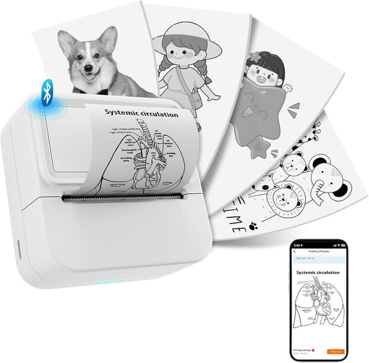 Mini Sticker Printer with 10 Rolls Sticker, Small Thermal Sticker Printer, No Ink Needed, Bluetooth Label Sticker Maker for Iphone, DIY, Photos, Study Notes, Journal, Gift (White)