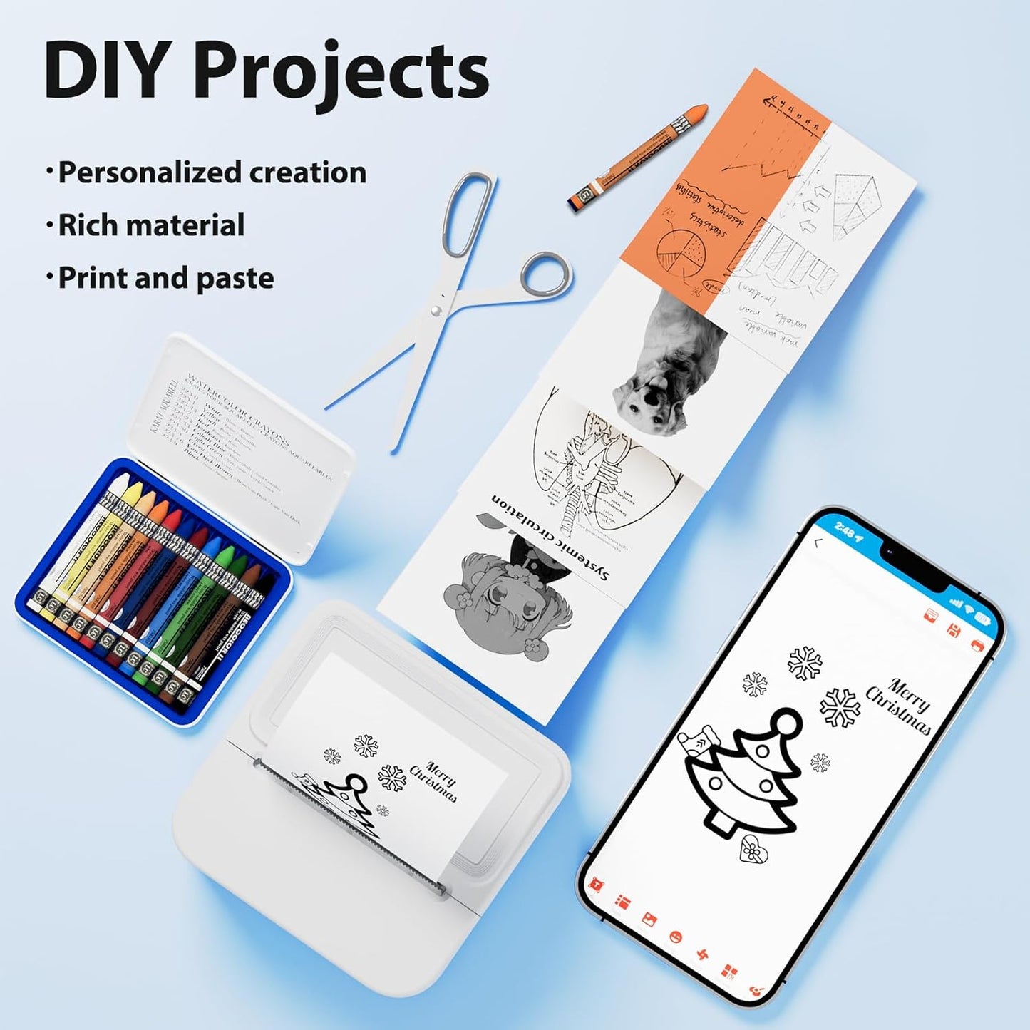 Mini Sticker Printer with 10 Rolls Sticker, Small Thermal Sticker Printer, No Ink Needed, Bluetooth Label Sticker Maker for Iphone, DIY, Photos, Study Notes, Journal, Gift (White)