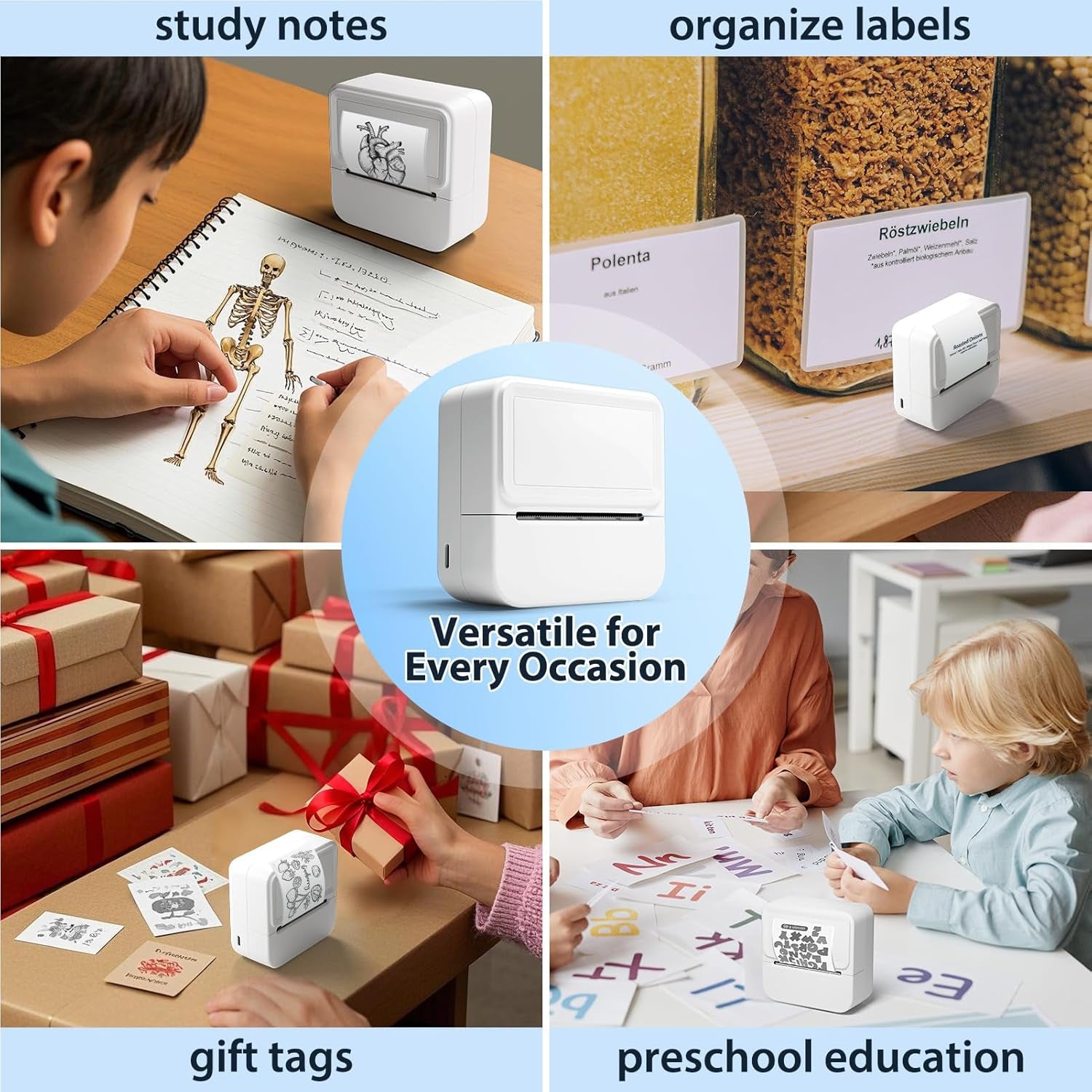 Mini Sticker Printer with 10 Rolls Sticker, Small Thermal Sticker Printer, No Ink Needed, Bluetooth Label Sticker Maker for Iphone, DIY, Photos, Study Notes, Journal, Gift (White)